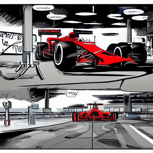 Image similar to formula one mechanic works on car, comic, wide shot, marvel style by patrick brown