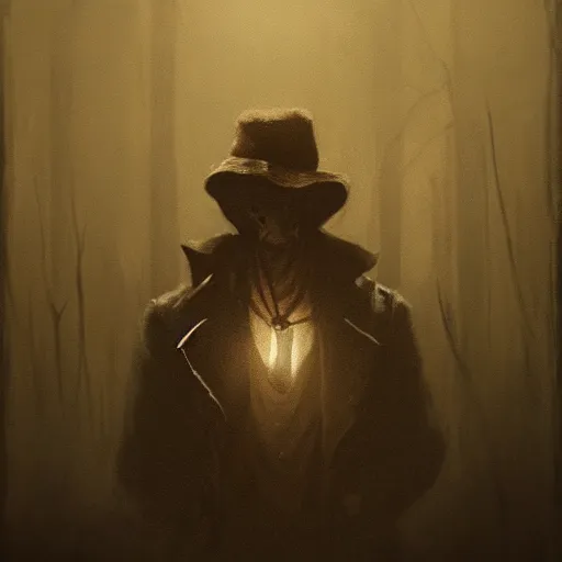 Prompt: a hyper realistic portrait painting of a hunter from hunt showdown videogame, creepy, backlight, silhuette, horror vibe, real, realistic lighting in the style of greg rutkowski, trending on artstation,