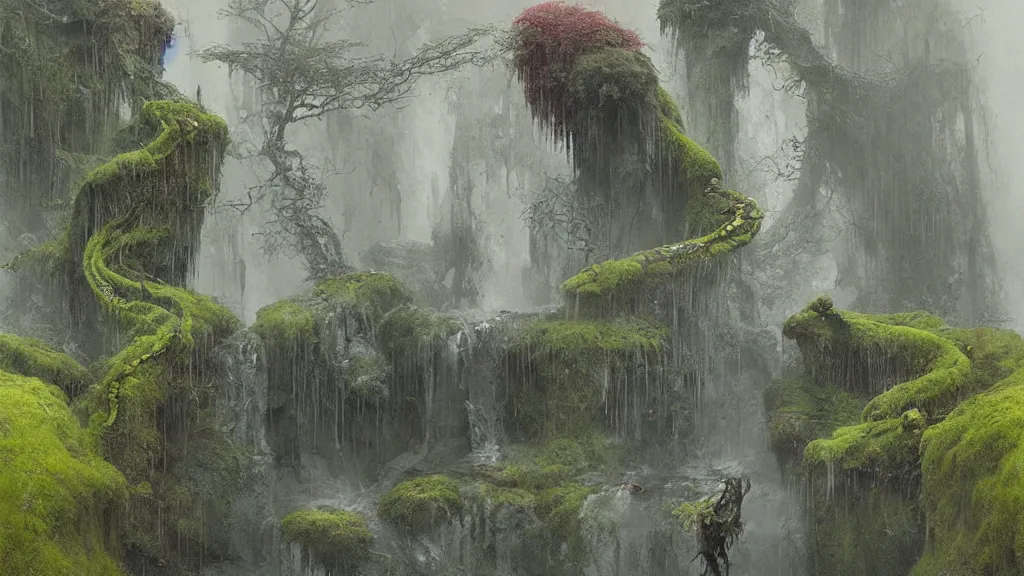 Image similar to waterfall, moss, gnarly monolith with snakes and symbols, rain, digital painting, sharp, digital art by Beksinski, Ruan Jia, Rudolf Béres