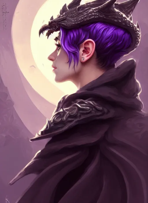 Image similar to side portrait Super Mario as dark witch, adventurer outfit large cloak, fantasy forest landscape, dragon scales, fantasy magic, undercut hairstyle, short purple black fade hair, dark light night, intricate, elegant, sharp focus, illustration, highly detailed, digital painting, concept art, matte, art by WLOP and Artgerm and Greg Rutkowski and Alphonse Mucha, masterpiece