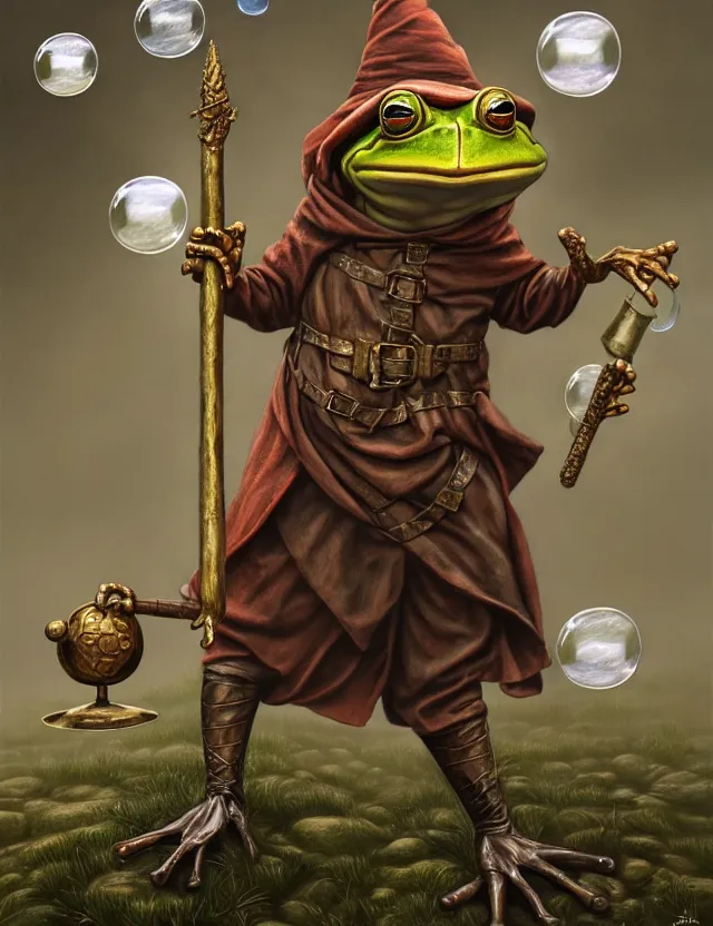 Image similar to anthropomorphic bipedal frog that is dressed as a medieval worker, and wielding a spiked mace, as a matte oil painting, d & d character reveal, by alex grey, standing, fullbody, floating bubbles, fog, mystic, concept art, award - winning, extremely detailed, sharp focus