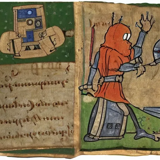 Image similar to page from a 1 4 th century monk's manuscript illustrating an epic battle between r 2 d 2 and pepe the frog