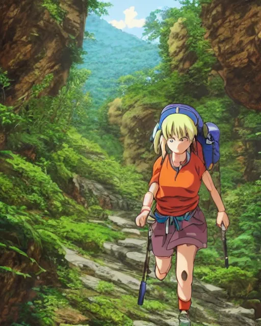 Prompt: a girl hiking the appalachian mountains, full shot, visible face, ambient lighting, detailed, very modern anime style, art by akira toriyama, eiichiro oda, hayao miyazaki, kentaro miura, masashi kishimoto