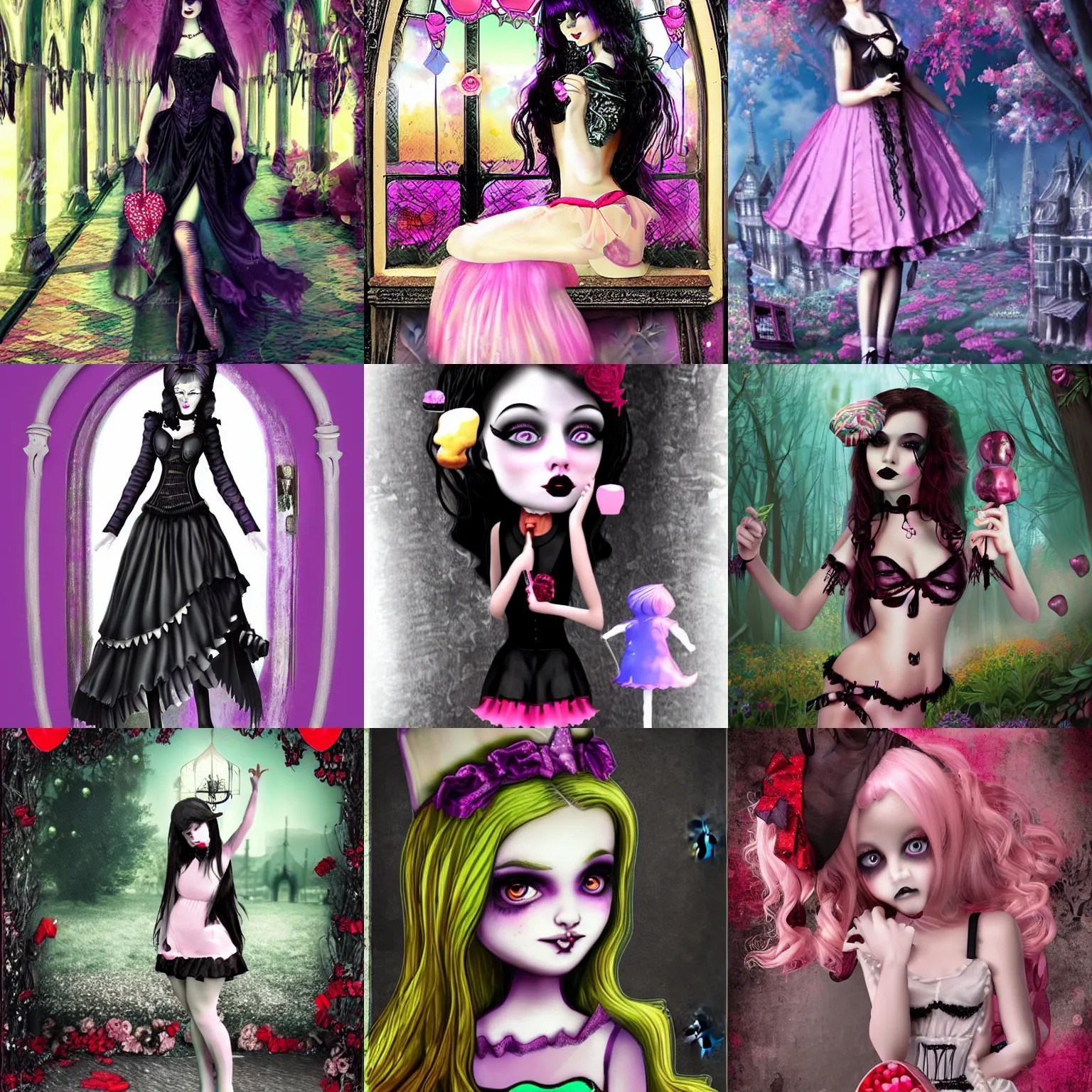 Prompt: a gothic girl in a candy world realistic detailled