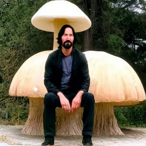 Image similar to Keanu Reeves sitting on a giant mushroom