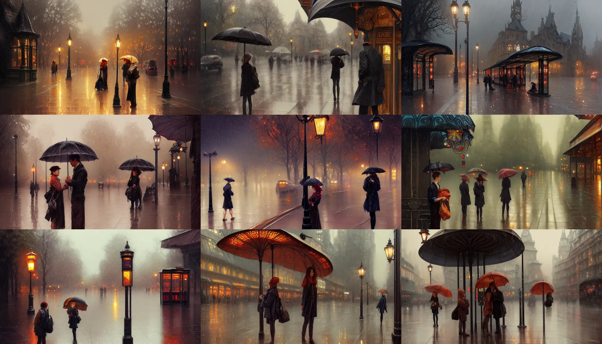 Prompt: bus stop on a rainy day, intricate, elegant, highly detailed, digital painting, artstation, concept art, smooth, sharp focus, illustration, art by artgerm and greg rutkowski and alphonse mucha, 8 k