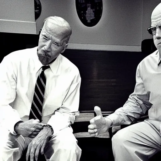 Prompt: “Very very photorealistic screenshot of Joe Biden and Walter White meeting in an episode of Breaking Bad, atmospheric lighting, award-winning”