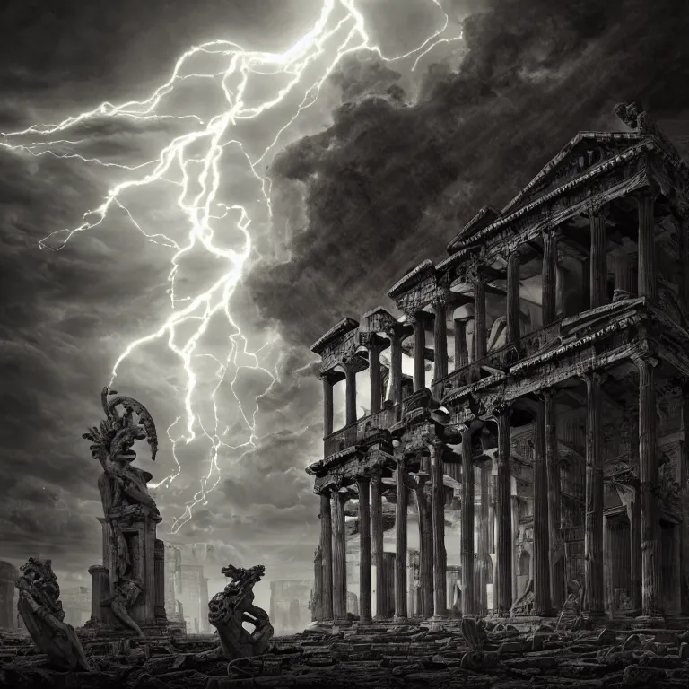 Image similar to ancient greek spine spinal statue covered with wires, surreal abandoned buildings, dark dramatic clouds with columns of light, dream-like heavy atmosphere, baroque painting, beautiful detailed intricate insanely detailed octane render trending on Artstation, 8K artistic photography, photorealistic, dramatic volumetric cinematic light, chiaroscuro, Raphael, Caravaggio, Beksinski, Giger