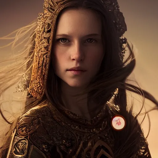 Prompt: pure and kind aristocratic long straight brunette female wearing an armour portrait, innocent, pure, naive, atmospheric lighting, painted, intricate, volumetric lighting, beautiful, rich deep colours masterpiece, golden hour, sharp focus, ultra detailed, by leesha hannigan, ross tran, thierry doizon, kai carpenter, ignacio fernandez rios