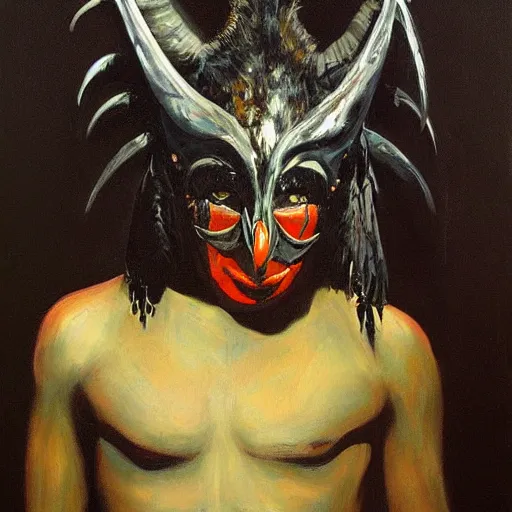 Image similar to detailed oil painting dark shaman wearing Raven mask by Phil hale