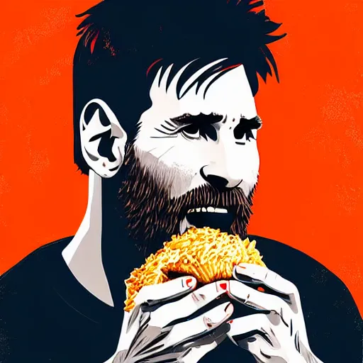 Image similar to lionel messi with a majestic beard eating a kfc zinger by alena aenami