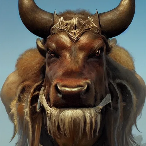 Prompt: ''face portrait of a handsome bull, furry, greek mythology, greece, fantasy, dungeons and dragons, d & d, digital painting, artstation, concept art, sharp focus, illustration, art by greg rutkowski and alphonse mucha''