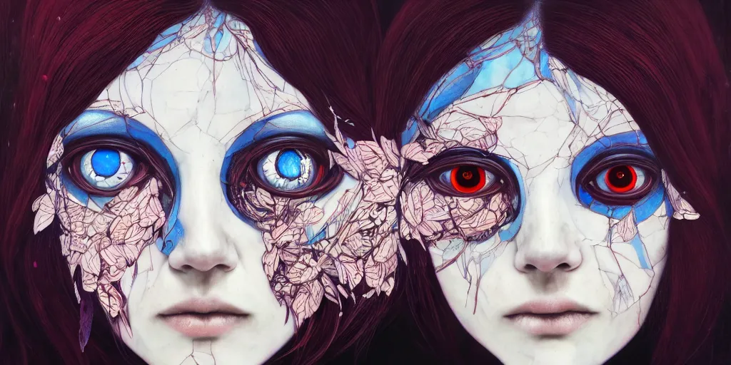 Image similar to full view portrait of a pale cyborg woman crying, in the style of jin kagetsu and james jean, background by beatriz milhazes, highly detailed, big glowing eyes, face symmetry, masterpiece, sharp focus, realistic intricate concept art, dramatic lighting, 8 k