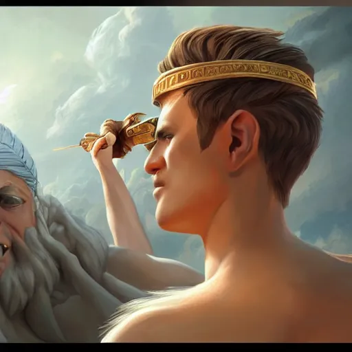 Image similar to The Birth of Athena from the Head of Zeus, olymp, style by Zac Retz, photorealistic, ultra realistic