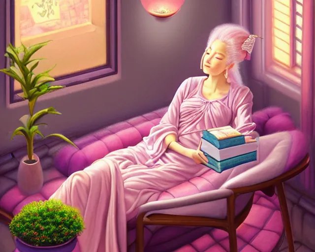 Prompt: a pastel painting of a woman wizard lounging on a purpur pillow on the marbled checkered floor in her study room reading an ancient tome. to the side is a potted plant, candlelit raytracing. ancient oriental retrofuturistic fantasy setting. 4 k key art. by yoshitaka amano and mark tedin