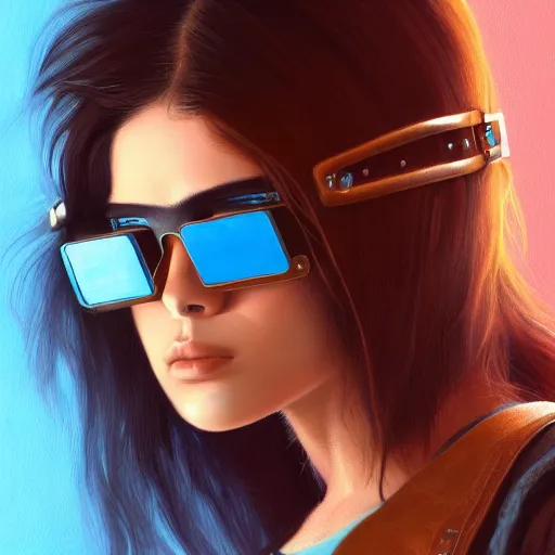 Image similar to closeup painting of a very beautiful young mexican cyberpunk woman, wearing light blue shutter shades and a dark brown leather jacket, one side haircut, long brown hair with light blue ends, portrait, hyperdetailed, artstation, cgsociety, 8 k, synthwave by tangerine dream