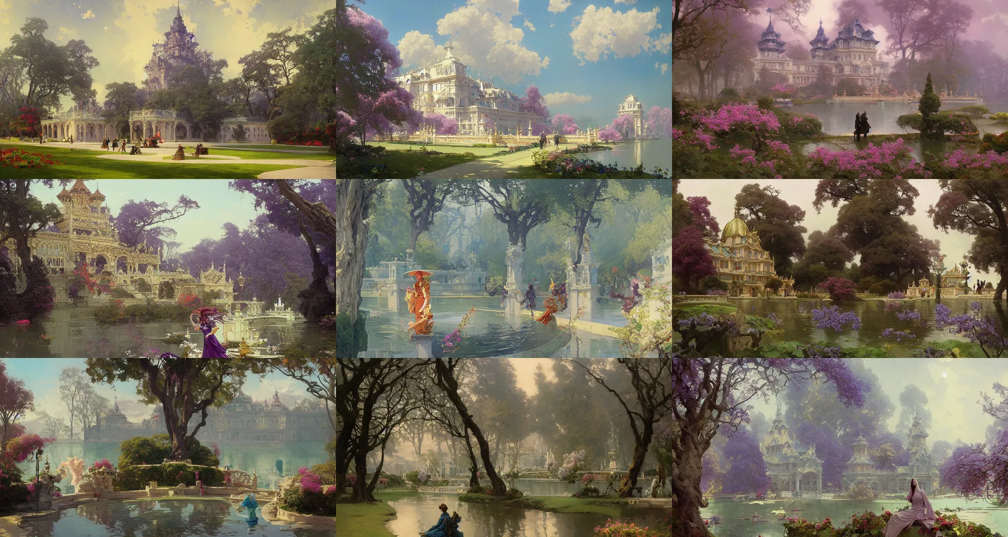 Prompt: royal palace near the lake, lilac bushes, art nouveau architecture, fantasy, art by joseph leyendecker, peter mohrbacher, ivan aivazovsky, ruan jia, reza afshar, marc simonetti, alphonse mucha