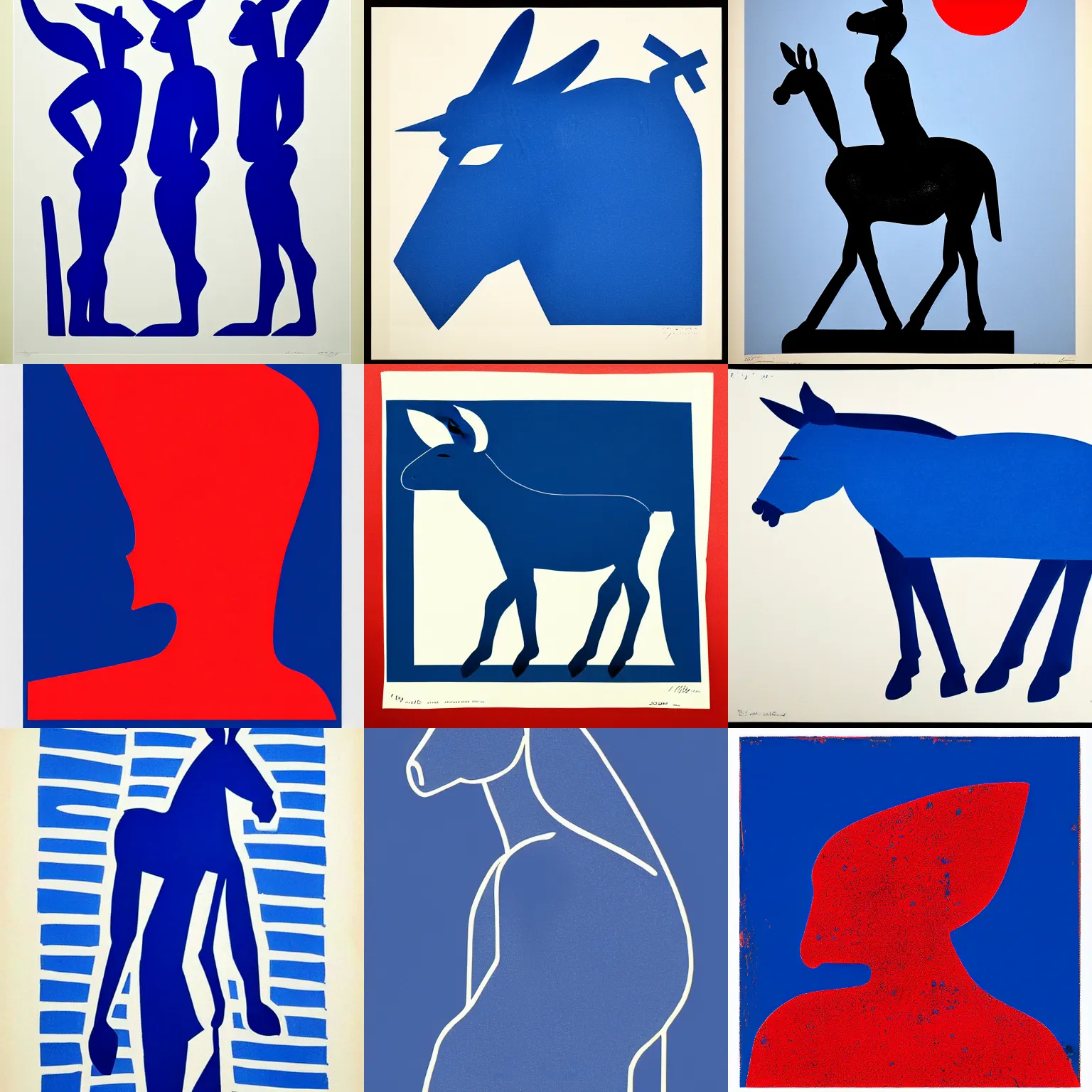 Prompt: lithograph portraying donkey!!! as a cycladic sculpture, simplified, silhouette, full body!!, profile, solid colors, block print, iconic, centered, white background, ultramarine blue and red iron oxide