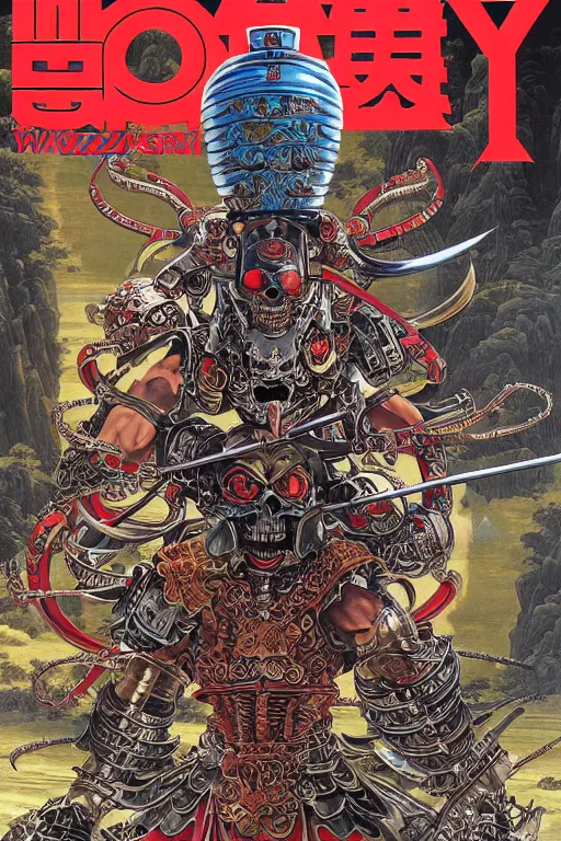 Image similar to magazine cover of crazy roborts skeletor warrior with the tang dynasty of china armor and helmet, by yoichi hatakenaka, masamune shirow, josan gonzales and dan mumford, ayami kojima, takato yamamoto, barclay shaw, karol bak, yukito kishiro