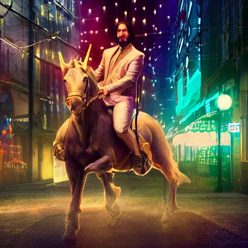 Image similar to Keanu Reaves riding a unicorn thought a HDR neon lit alley, a still shot from John Wick 2, holding a gin, arm outsreched, shooting at character dressed as Luigi from Mario, epic fantasy style, digital art, 8k high defition