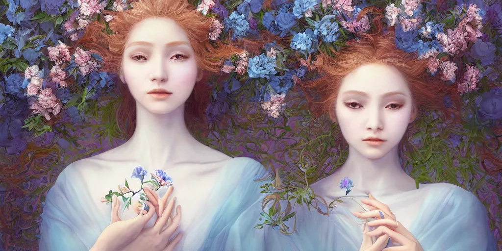 Image similar to breathtaking detailed concept art painting portrait of two hugs goddess of light blue flowers, carroty hair, orthodox saint, with anxious piercing eyes, ornate background, amalgamation of leaves and flowers, by hsiao - ron cheng, extremely moody lighting, 8 k