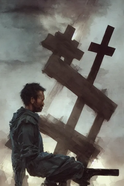 Image similar to man kneeling at the foot of a wooden cross, dramatic lighting art by Yoji Shinkawa by Richard Schmid by greg rutkowski by Sandra Chevrier by Jeremy Lipking cinematic dramatic, by frank miller, illustration by Ruan Jia and Mandy Jurgens and William-Adolphe Bouguereau, Artgerm, 4k, digital art, surreal, space dandy style, highly detailed, godsend, artstation, digital painting, concept art, smooth, sharp focus, illustration by Ruan Jia and Mandy Jurgens and William-Adolphe Bouguereau, Artgerm