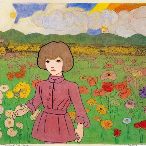 Image similar to Henry Darger colorful drawing, flowers, clouds