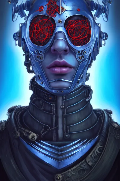 Prompt: portrait of beautiful young man, warhammer, cyber style, cyberpunk armor, a lot of more scars, more and more flowers, blue head, the middle ages, highly detailed, artstation, illustration, artgerm sylvari portrait, 8 k quality, art by rene magritte