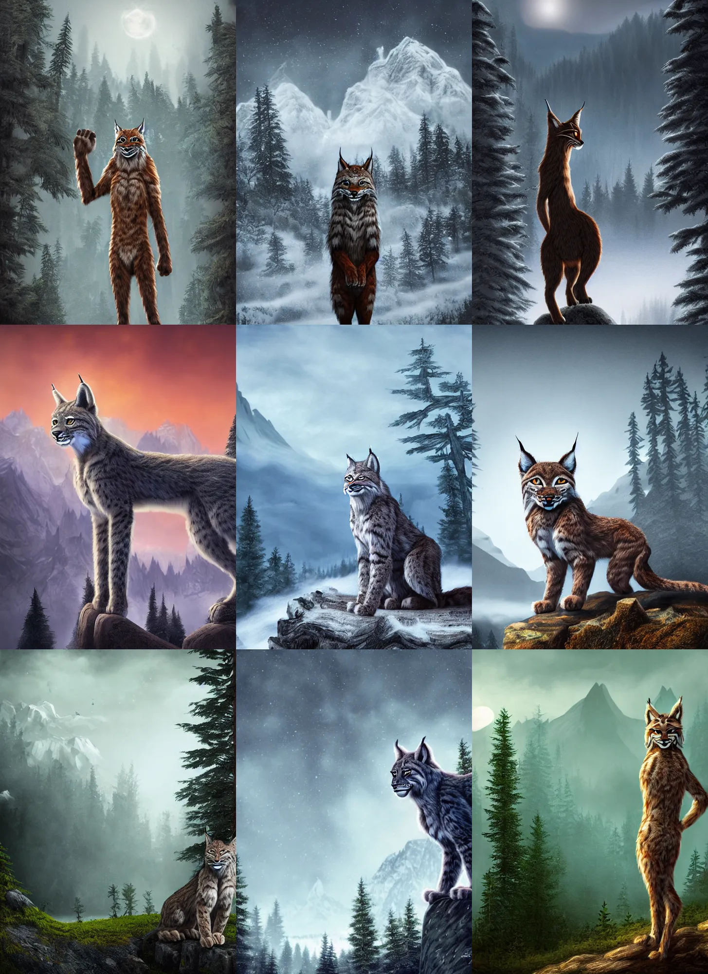 Prompt: anthropomorphic lynx, standing tall, spruce trees, mountains on the background, eerie dark atmosphere, back light, matte painting in fantasy style