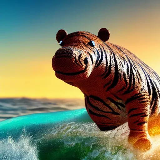 Image similar to a closeup photorealistic photograph of a cute smiling knitted tiger hippopotamus riding a wave at sunset. surf in background. professional capture. brightly lit scene. this 4 k hd image is trending on artstation, featured on behance, well - rendered, extra crisp, features intricate detail, epic composition and the style of unreal engine.