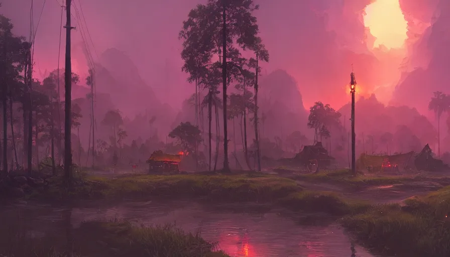 Image similar to kerala village, an epic fantasy, dramatic lighting, cinematic, establishing shot, extremely high detail, photorealistic, cinematic lighting, artstation, by simon stalenhag, horizon forbidden west