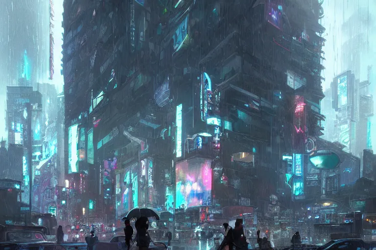 Image similar to dramatic artstation illustration of a crowd surrounding a giant holographic avatar at a city intersection by greg rutkowski, cyberpunk, raining
