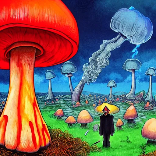 Image similar to a centered chest up portrait of a psychedelic demonic anthropomorphic mushroom smoking a hand - rolled cigarette smoking heavily, magic mushroom village in background. award winning. superb resolution. in the art style of junji ito and greg rutkowski. detailed mushroom city in background. hyper realistic anime. perfect art. dalle 2