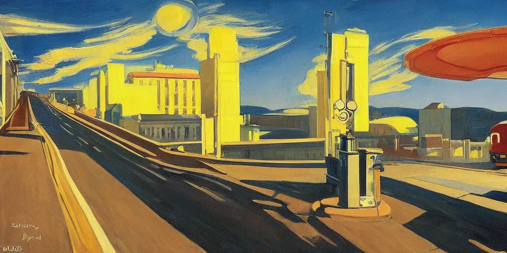 Image similar to street art. paralyzed by the indescribable beauty of the cosmos. amazing view of the electric trail from lisbon. art style by edward hopper daring, incredible