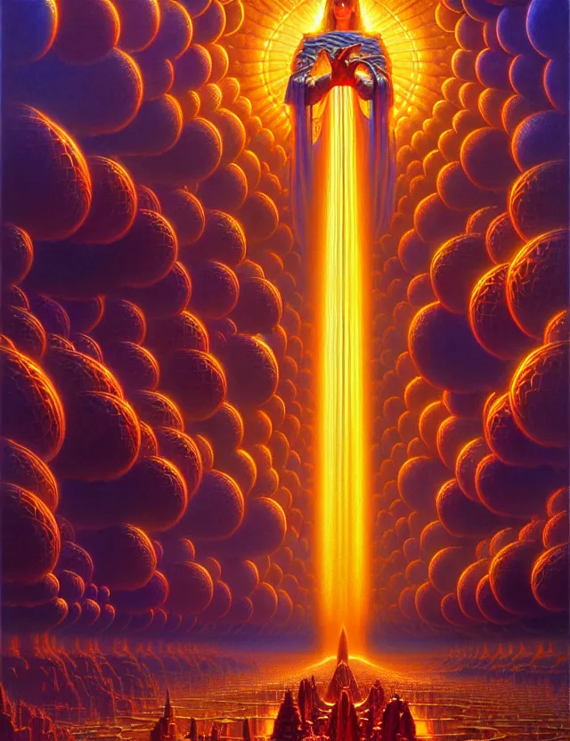 Prompt: light technology, beautiful deity, tim hildebrandt, bruce pennington, donato giancola, trending on artstation, cinematic composition, beautiful lighting, hyper detailed, 8 k, oil on canvas