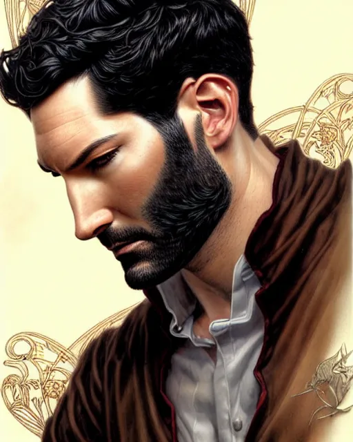 Image similar to tom ellis ( lucifer ) portrait, art nouveau, fantasy, intricate devilish designs, elegant, highly detailed, sharp focus, art by artgerm and greg rutkowski and wlop