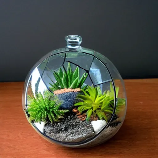 Prompt: a terrarium inside of an object made out of glass