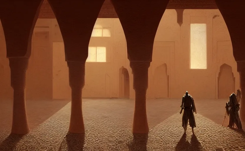 Image similar to Interior shot painting of an interior Moroccan Castle with glossy ceramic floor in the middle of desert with dunes by Greg Rutkowski and Craig Mullins, Dark atmospheric sad and cinematic lighting, Trending on artstation