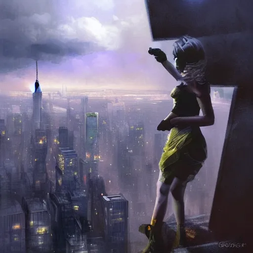 Image similar to “ a girl standing on a ledge looking down at a futuristic new york city below, ghostpunk, storm clouds, very detailed, by craig mullins ”