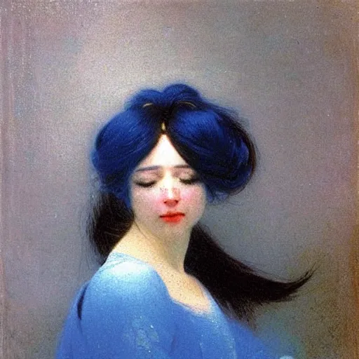 Image similar to a young woman’s face, her hair is white, her face is partially covered with a flowing blue satin blindfold, she is wrapped in windblown flowing red silk, by ivan aivazovsky and alma tadema and and willen claesz heda and aelbert cuyp and gerard ter borch