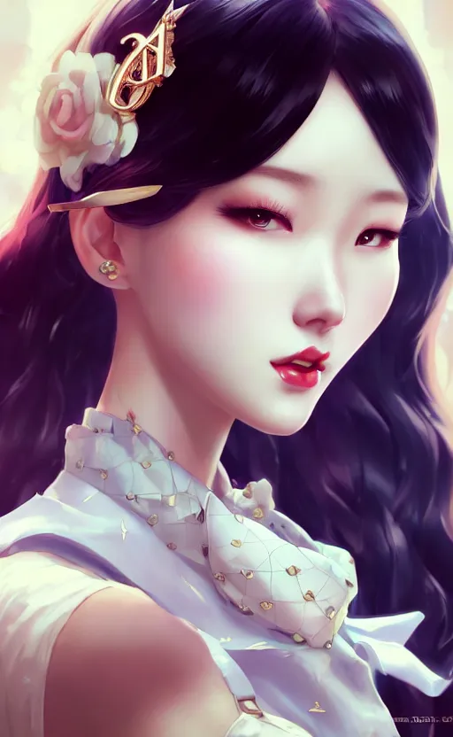 Image similar to a pin up and beautiful fashion charming dreamlke korea girl with lv jewelry, character art, art by artgerm lau and kyoung hwan kim and and ilya kuvshinov and john singer sargent, hyperdetailed, 8 k realistic, symmetrical, frostbite 3 engine, cryengine, dof, trending on artstation, digital art