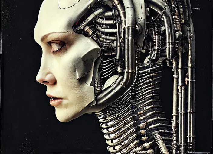 Image similar to a female cyborg profile face, by h. r. giger, by ismail inceoglu, by kiki smith, glamor shot, ambrotype, closeup, f / 2. 8, low contrast, 1 6 k, rim lighting, cinematic lighting, insanely detailed and intricate, hypermaximalist, elegant, ornate, hyper realistic, super detailed