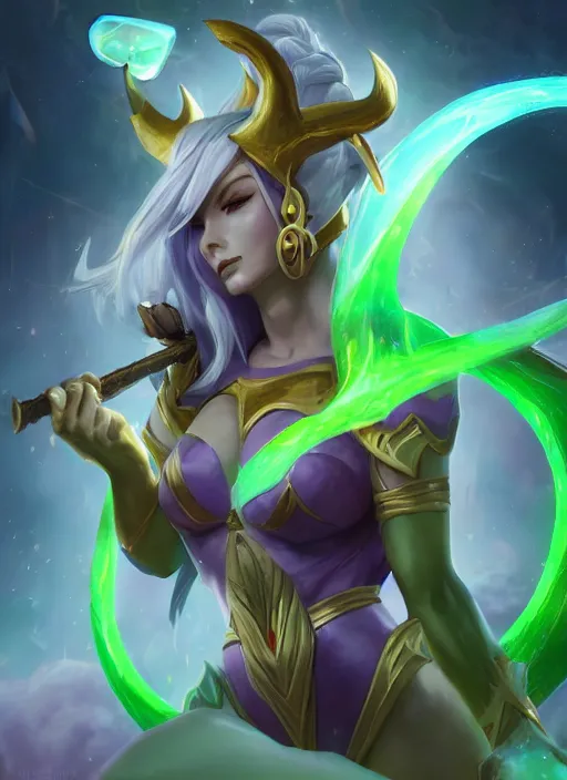 Image similar to merciful soraka, from league of legends, health supporter, hyper detailed, green aura in her wand, digital art, trending in artstation, cinematic lighting, studio quality, smooth render, unreal engine 5 rendered, octane rendered, art style by klimt and nixeu and ian sprigger and wlop and krenz cushart