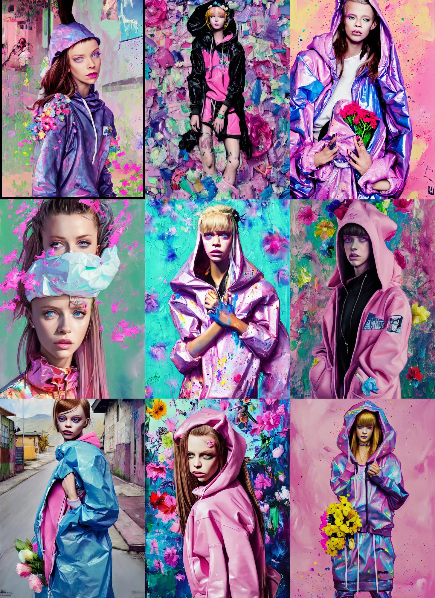 Image similar to still from music video of barbie palvin from die antwoord standing in a township street, wearing a trashbag hoodie garbage bag and flowers, street fashion, full figure portrait painting by martine johanna, ilya kuvshinov, rossdraws, pastel color palette, shiny plastic, detailed impasto brushwork, impressionistic