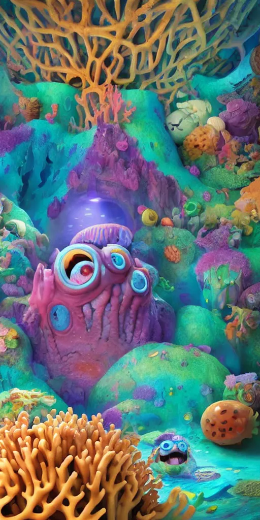 Image similar to of a colorful under water cave with strange cute friendly happy creatures with huge eyes, mouth, long tongue and round teeth appearing from sandy coral, in the style of gehry and gaudi, macro lens, shallow depth of field, ultra detailed, digital painting, trending artstation, concept art, illustration, cinematic lighting, photorealism, epic, octane render