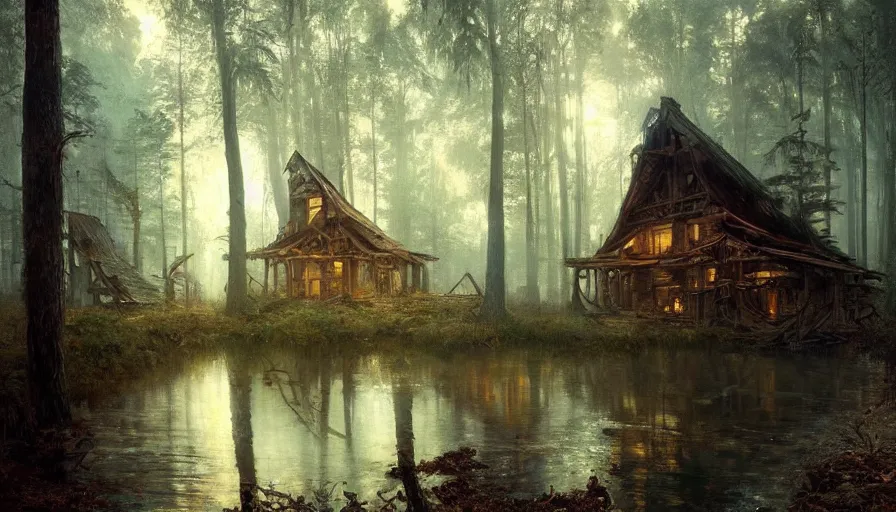 Prompt: a beautiful intricate painting of a abandoned log cabin in a dark evil fantasy forest, reflections, very high details by william turner art, greg rutkowski and alphonse mucha, trending on artstation, very very detailed, masterpiece,