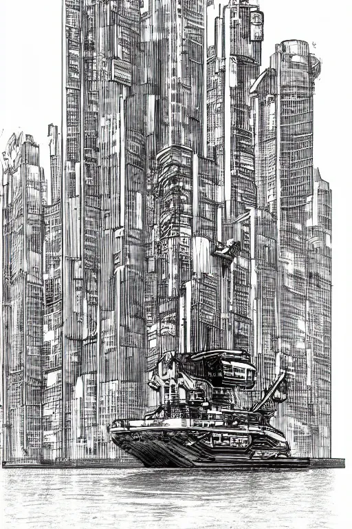 Image similar to comic book illustration, a futuristic hovering tugboat delivers supplies to the 100th floor dock of a very tall building, cyberpunk concept art by Moebius, highly detailed, intricate, sci-fi, sharp focus, Trending on Artstation HQ, deviantart