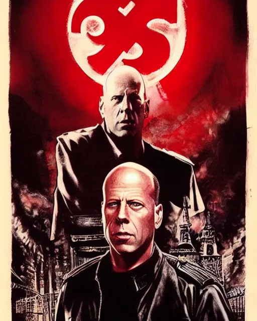 Prompt: bruce willis in 1 2 monkeys, airbrush, drew struzan illustration art, key art, movie poster