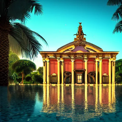 Image similar to a ultradetailed beautiful photo of the amazonas palace, trending on artstation, mediterranean, palm trees, light sparkles, sharp focus, soft light, 8 k 4 k