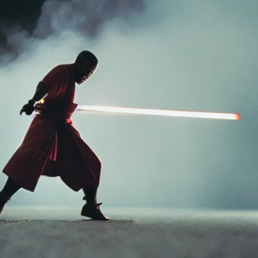 Image similar to cinematic film still of Tory Lanez starring as a Samurai holding fire, Japanese CGI, VFX, 2003, 400mm lens, f1.8, shallow depth of field,film photography